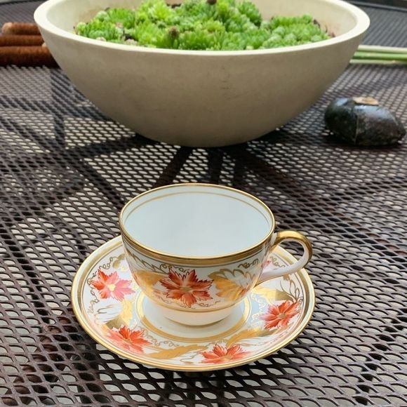 Royal Chelsea Orange Poppy Teacup Set Gold Scroll